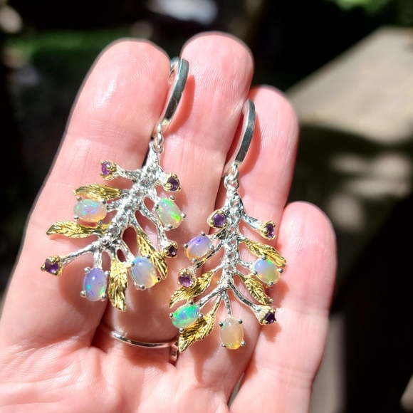 FIRE Opals 🔥 & Amethyst sterling fern earrings - Picture 3 of 7